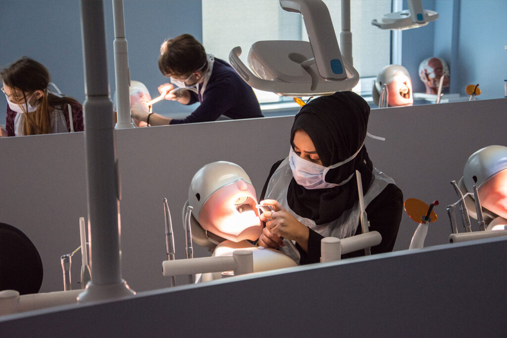 dental student working on a practise dental head