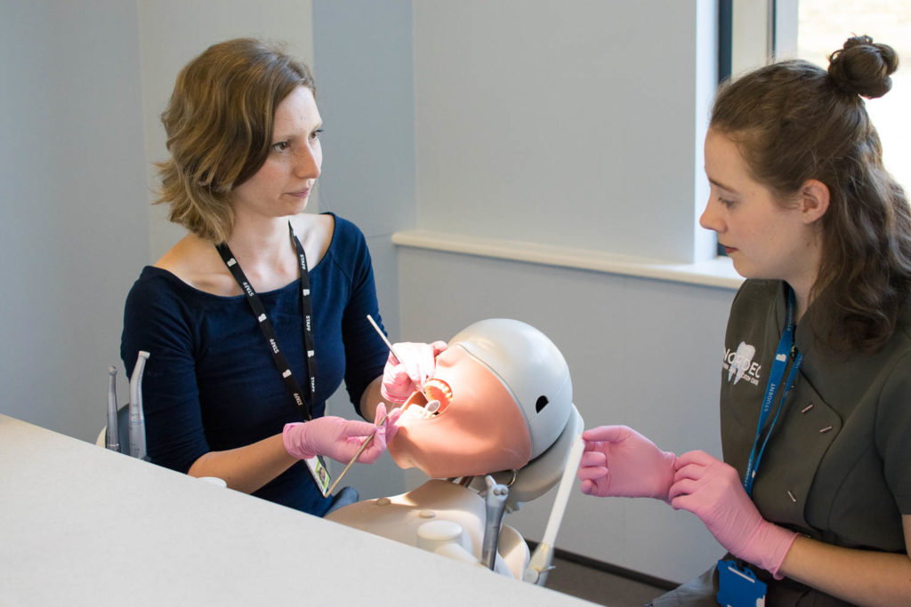 dental student and tutor discussing dental technique