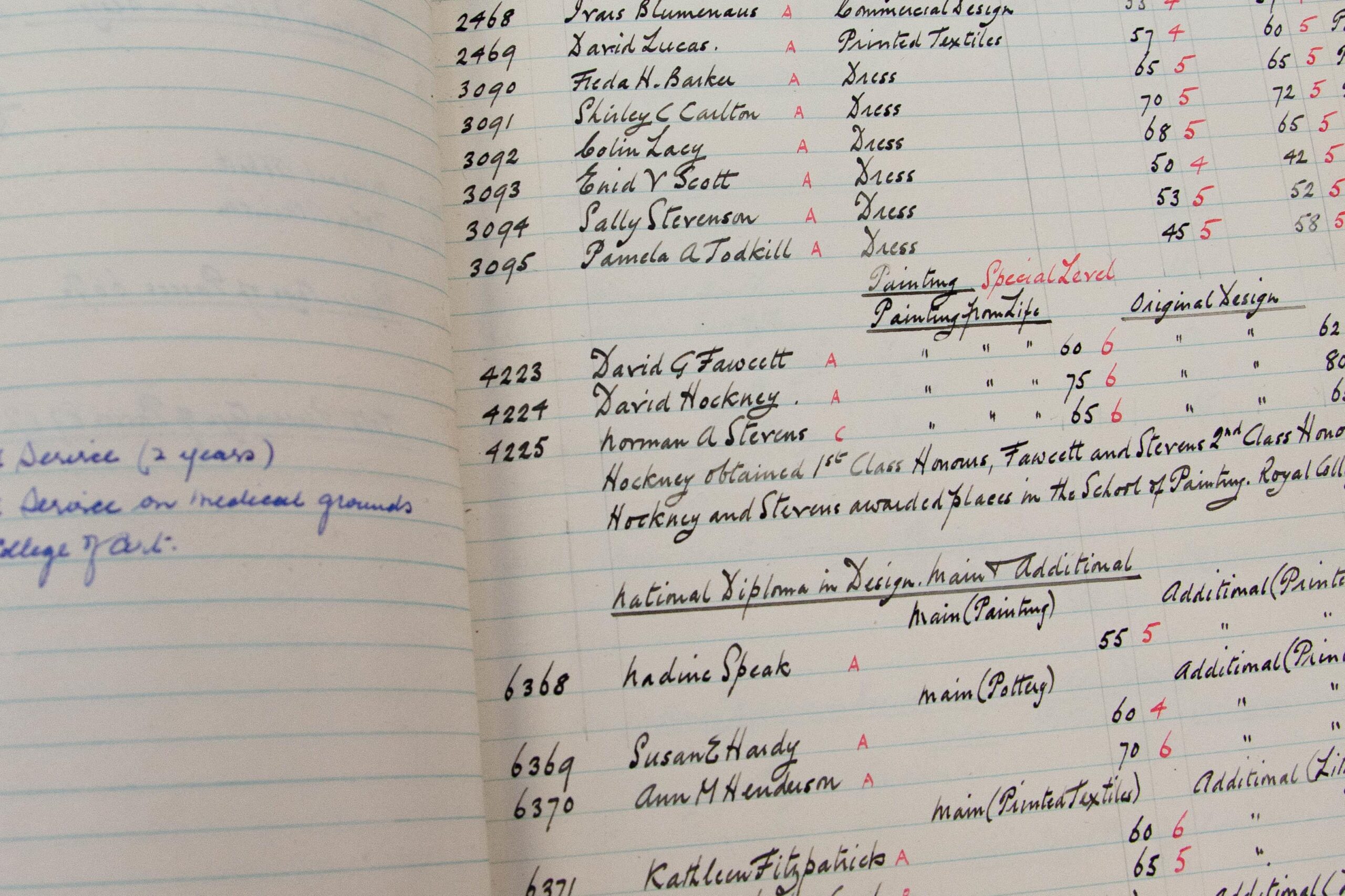 The inside of the Ministry of Education Examination Results Book, features lists of dates and names featuring david hockney