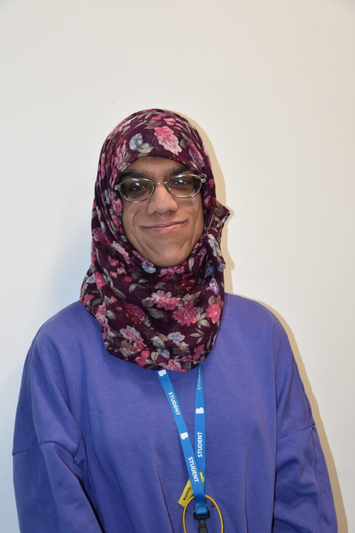 zainab data, a SEND student and course rep at bradford college smiles