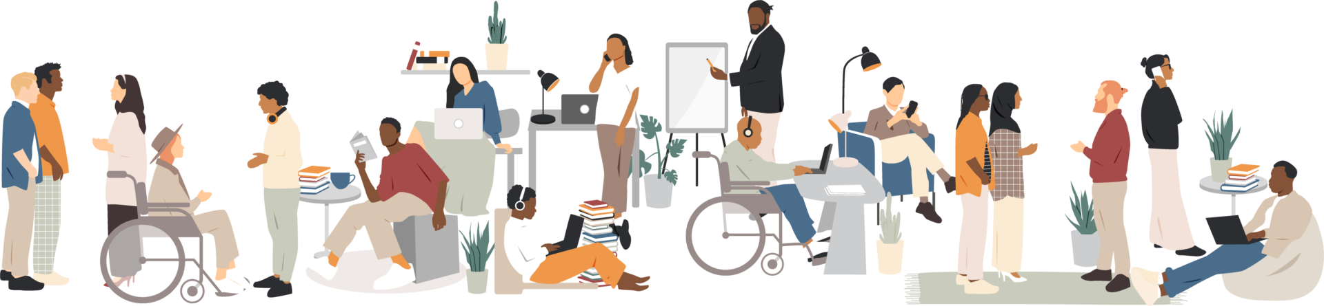 A diverse group of people talking and working on computers