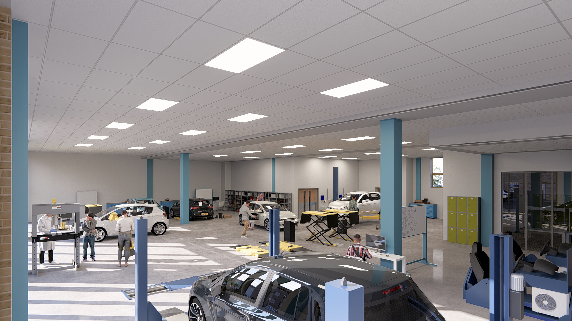 The workshop with various cars being worked on