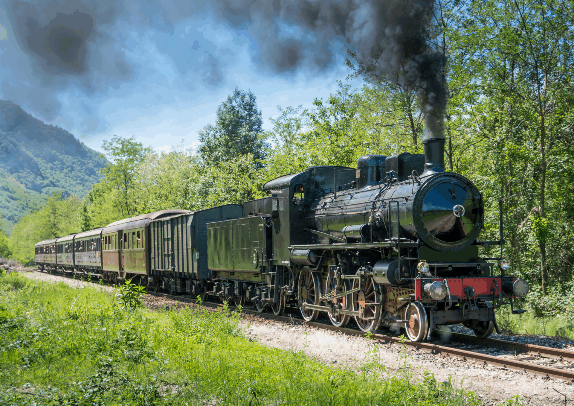 Image of a steam train, on the tracks surrounded by trees 