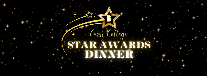 black background with golden stars on and the B for Bradford College logo