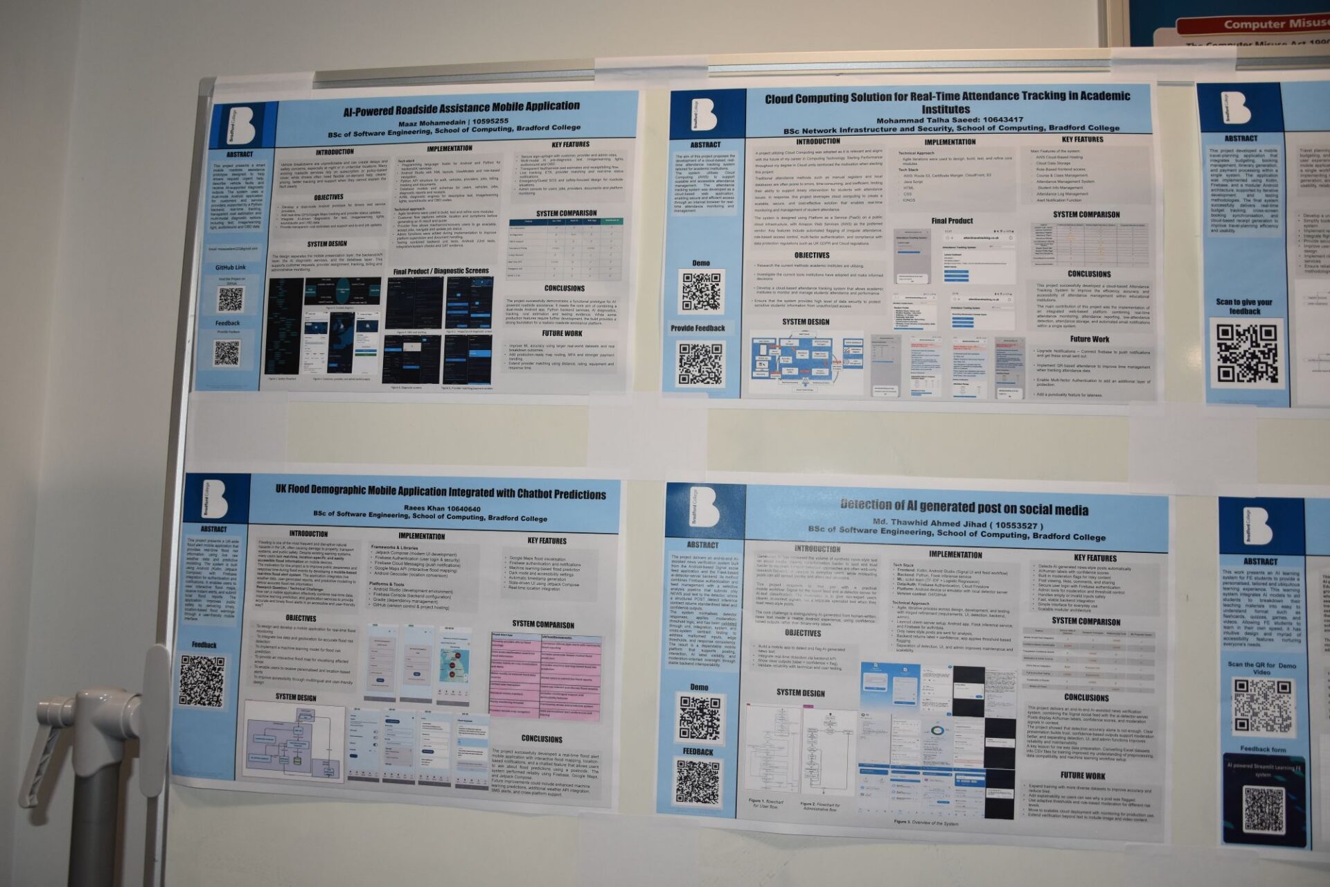 A display board is covered with students presentation sheets.