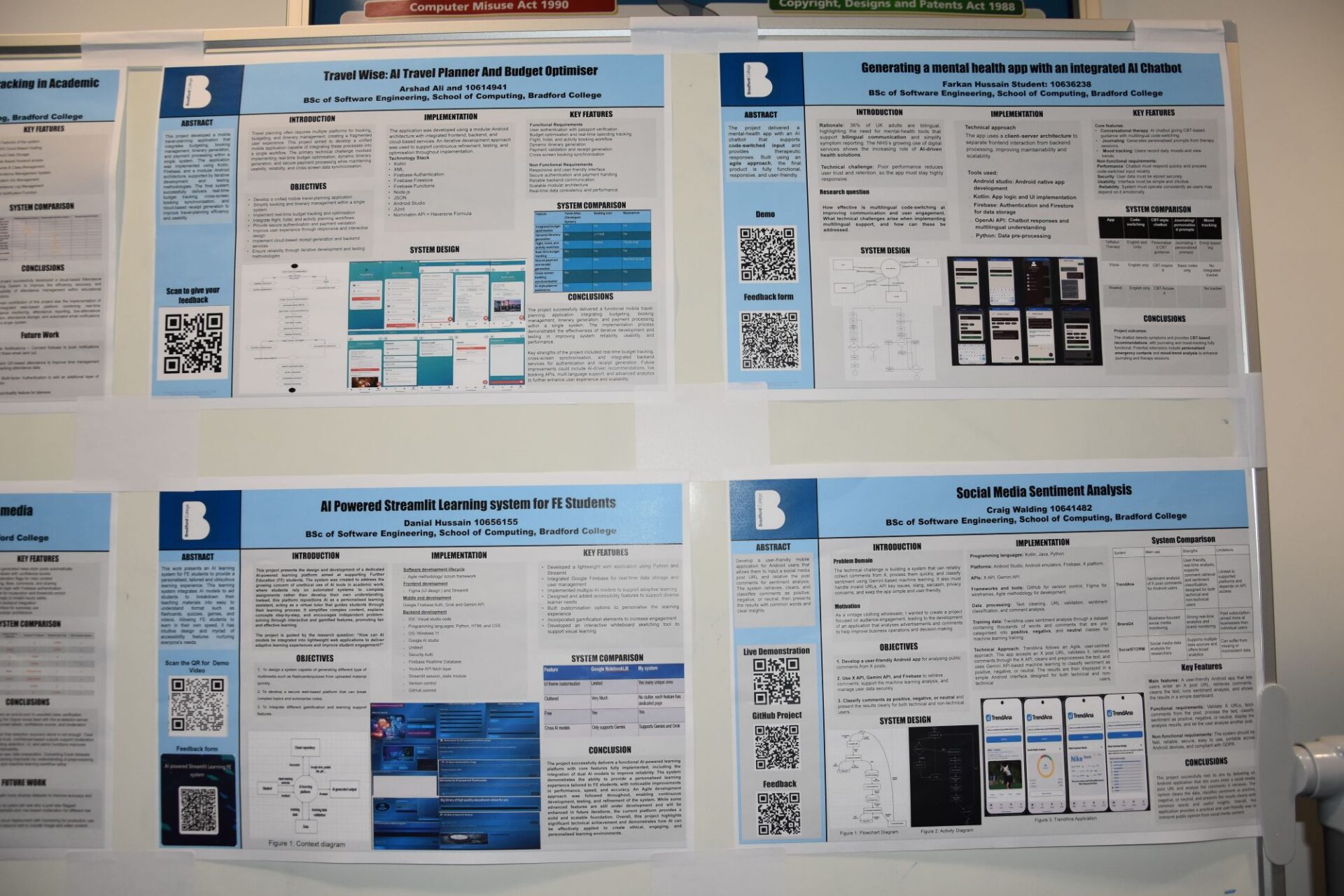 A display board is covered with students presentation sheets.
