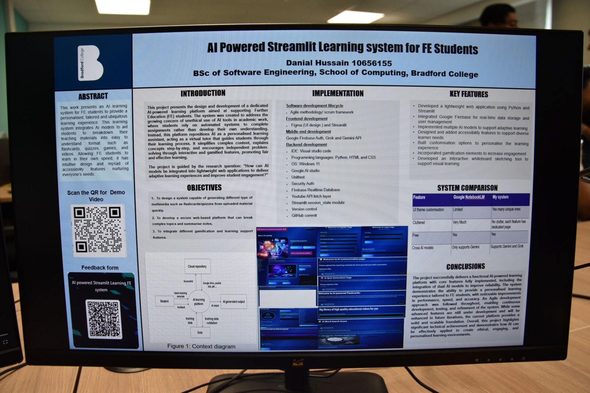 A computer screen fills the image with a presentation page displaying a student's work.