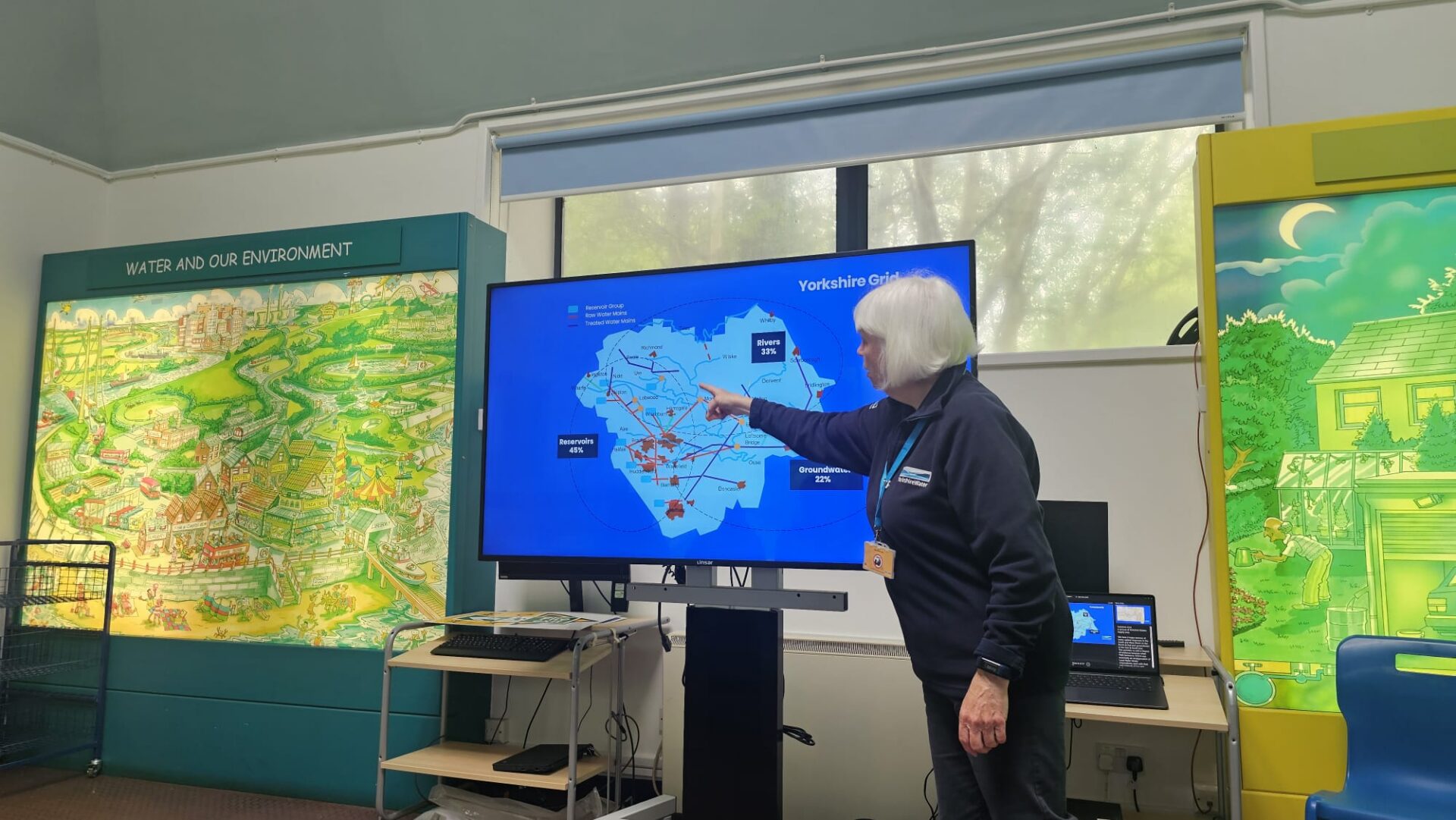 A woman wearing a Yorkshire Water uniform points to a screen explaining the Yorkshire Grid in a classroom.
