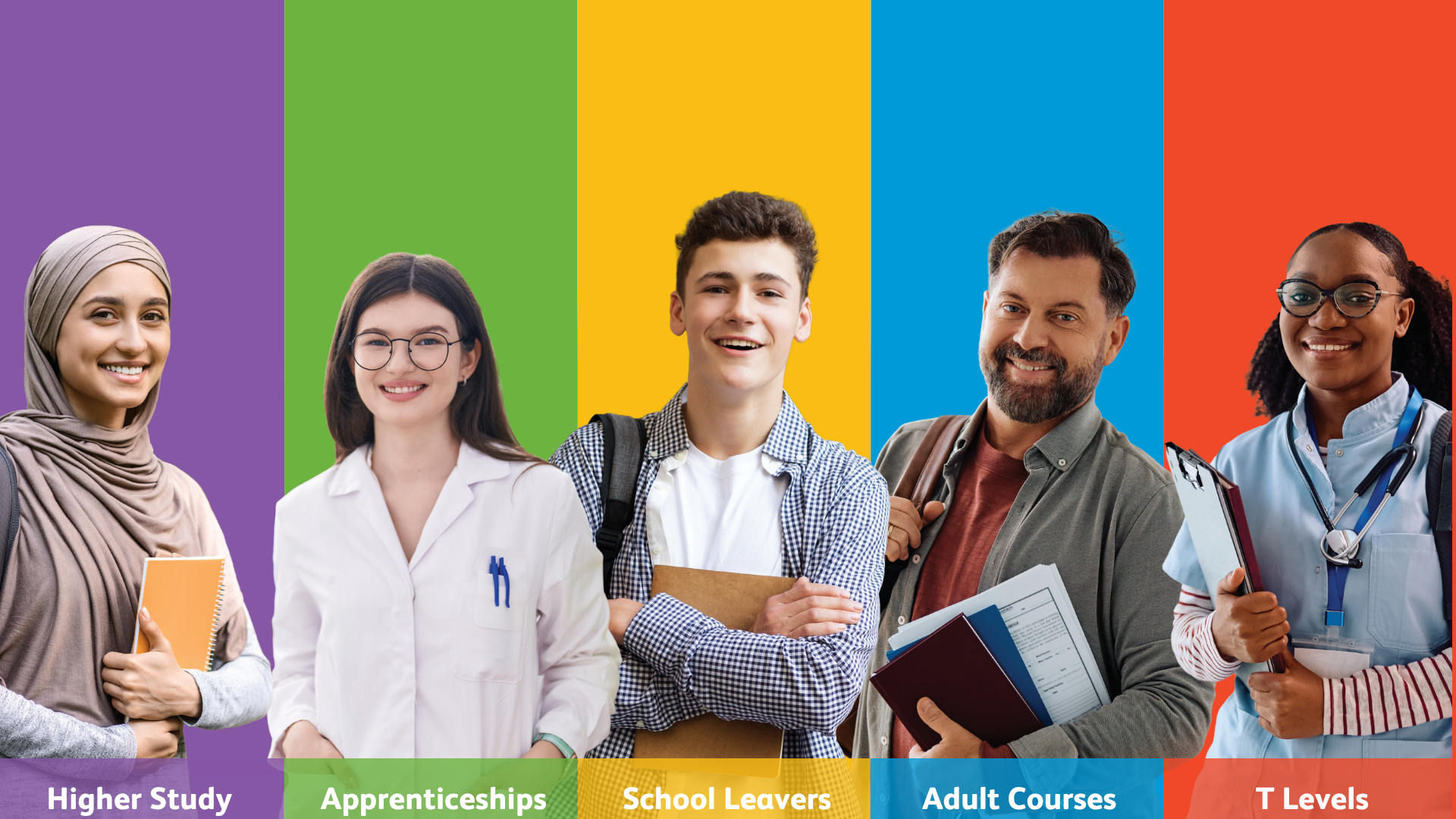 Image of 5 smiling students on a rainbow coloured background