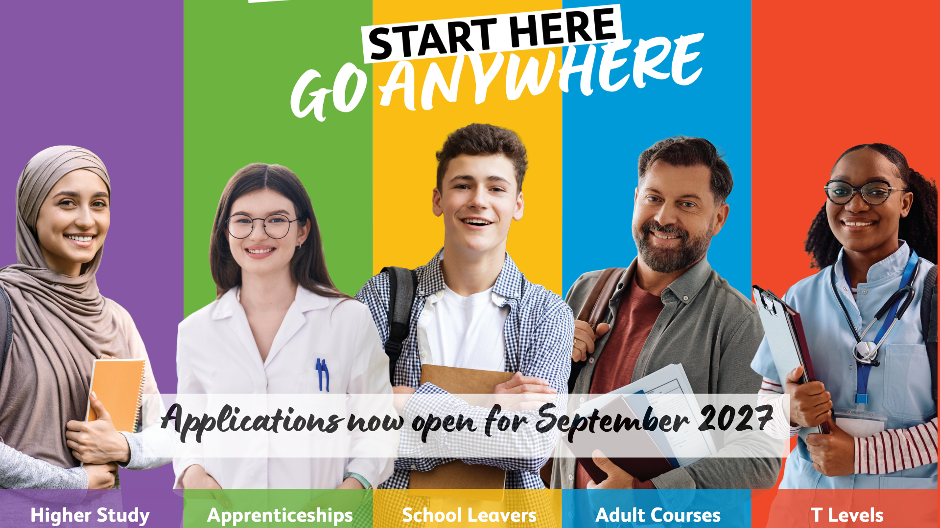 Image pof 5 smiling students on a rainbow coloured background